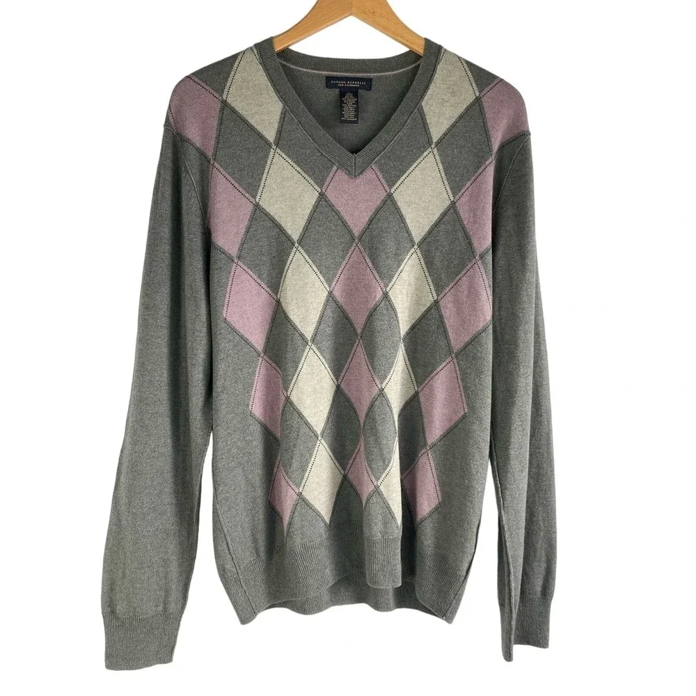 Banana Republic Y2K Silk Cashmere Argyle Sweater Men L Grey Preppy Academia